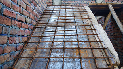 Reinforcement metal framework for concrete pouring. Ready for filling up with concrete.