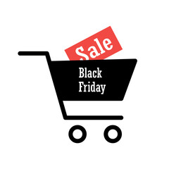 Black friday sale advertisement with title in market trolley on white background, vector illustration