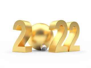 Golden number 2022 New Years with Christmas ball. 3D illustration 