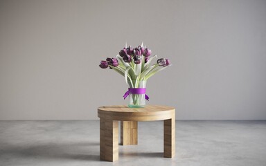 Still life lilac flowers in a vase on the table. 3D illustration, cg render