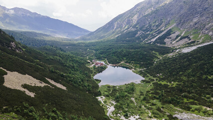Fototapeta na wymiar Aerial view of the lake Zelene pleso in the High Tatras in Slovakia