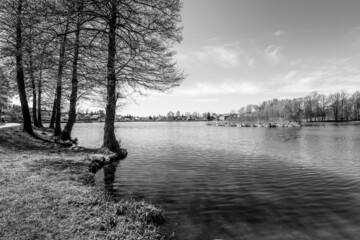 Rural pond on sunny spring day. Markvartice Pond, Jablonne v Podjestedi, Czech Republic. Black and white image.