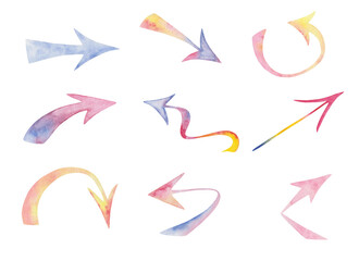 Watercolor illustration hand painted colorful arrows showing different way, direction on the road isolated on white. Sign clip art elements for design postcards, packaging paper, posters, banners
