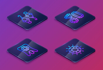 Set Isometric line Earrings, Tooth with diamond, Gem stone and Diamond. Blue square button. Vector