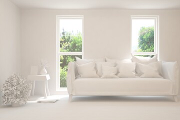 Mock up of stylish room in white color with sofa and green landscape in window. Scandinavian interior design. 3D illustration