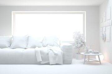White minimalist living room with sofa. Scandinavian interior design. 3D illustration