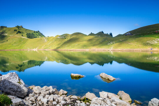 Lac De Lessy and Mountain landscape in The Grand-Bornand, France