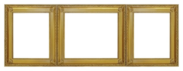 Triple golden frame (triptych) for paintings, mirrors or photos isolated on white background