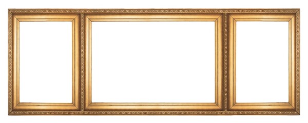 Triple golden frame (triptych) for paintings, mirrors or photos isolated on white background