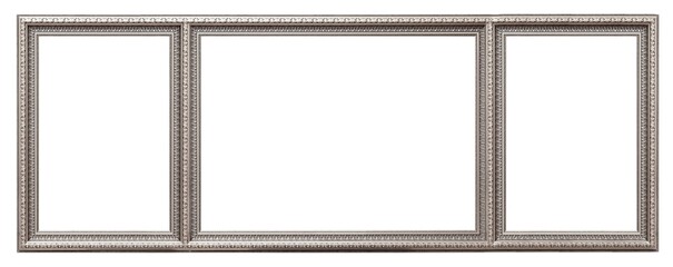 Triple silver frame (triptych) for paintings, mirrors or photos isolated on white background