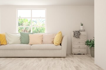 White living room with sofa and summer landscape in window. Scandinavian interior design. 3D illustration