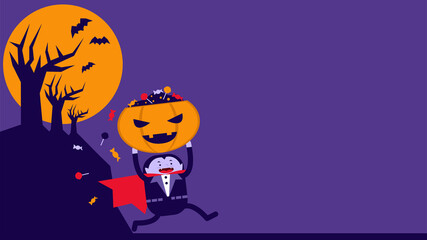Cute Dracula running bring a lot of candy on Halloween Jack O Lantern. Suitable to place on trick or treat content. - obrazy, fototapety, plakaty