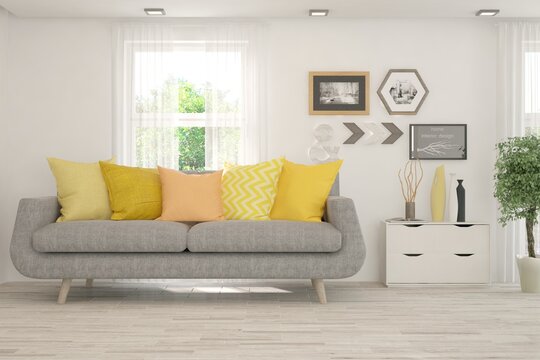 Stylish room in white color with sofa and summer landscape in window. Scandinavian interior design. 3D illustration