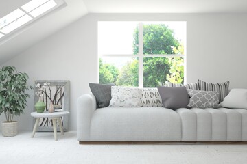 White living room with sofa and summer landscape in window. Scandinavian interior design. 3D illustration