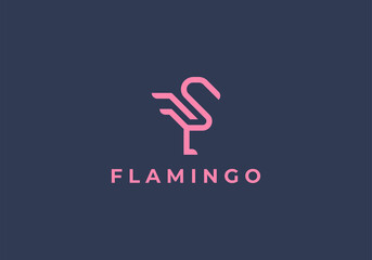 simple flamingo with sun line outline logo design vector