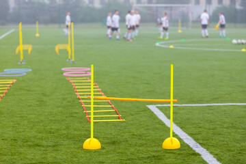Sports Football Training Field. Soccer Equipment For Practice Drills. Players in a Team Ready to...