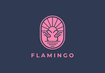 simple flamingo with sun logo design vector