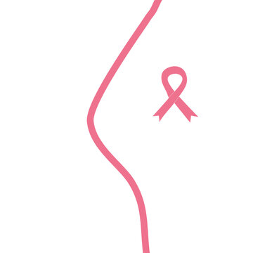Pink line depicts a woman's breast and the ribbon is a symbol of the fight against cancer. A month of fighting breast cancer. December 2022. Women's health.