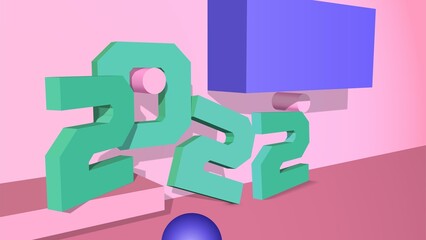 3D vector 2022 New Years typography with pink and green shapes on the abstract background and number signs.