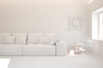 Mock up of minimalist living room in white color with sofa. Scandinavian interior design. 3D illustration