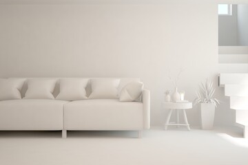 White minimalist living room with sofa. Scandinavian interior design. 3D illustration