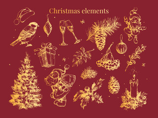 Fototapeta na wymiar New year and christmas set sketch illustration