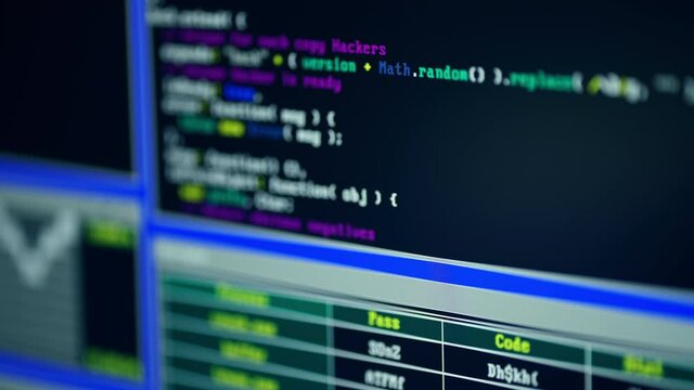 Close up of monitor screen with developing programming and coding technologies. Programmer or hacker is typing code on keyboard. Concept of bitcoin btc mining and development in virtual cyber space