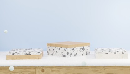 3d rendering of empty wooden podium and terrazzo with wooden floor covered in snow , winter theme