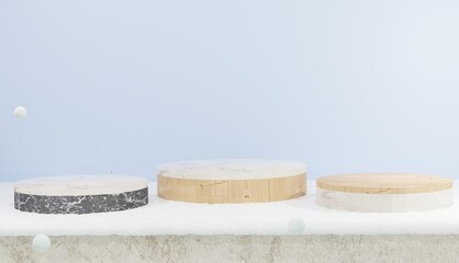 Fototapeta na wymiar 3d rendering of three Empty wooden and marble podium covered in snow, winter theme