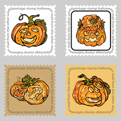 Stamps. Pumpkin for Halloween. Graphic drawing of Jack's lantern. Orange pumpkin with cutouts for eyes and mouth. Holiday, surprise, congratulations. Printing on fabric and paper. A set of stamps for 