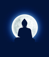 Lord Buddha graphic silhouette vector design with full moon trendy art.	