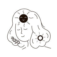 Happy woman with good mood and positive thoughts in head. Improving personal mental and physical health. Wellness and happiness concept. Line art and doodle