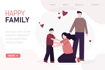 Wife with husband caring and hugging son. Woman embracing boy kid. Cartoon mother and father care and hug child. Template, landing page