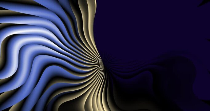 Wavy rays of light in blue and beige shades rotate against a dark background. Animated background video. Club video. Meditation video. Closed endless loop. A loop.