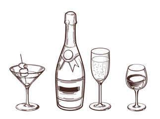 Wine bottle and glass and cocktails gravure style illustration for restaurant menu. Isolated on white background.