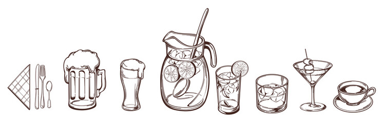 Set of glasses, beer glasses, lemonade, cocktail glass and other utensils for restaurant MENU. Gravure Illustration for drawing with ink in depth, isolated on white