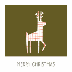 card with cute deer with checkered texture. Christmas card for congratulations on the holidays. vector illustration.