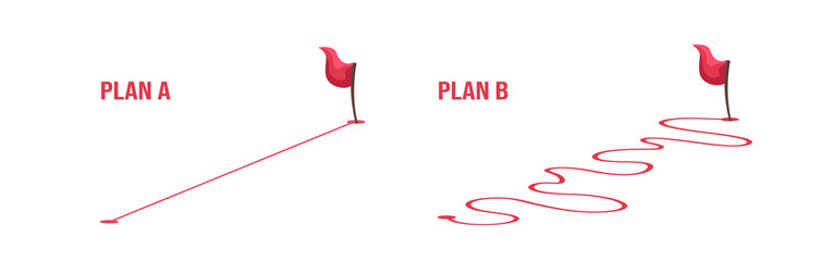 Smooth route A vs reality hard and rough plan B. Сomparison of different way. Vector flat illustration isolated on white background.