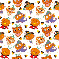 Naklejka premium Funny pumpkins in costumes of mummies, vampires, ghost. Happy Halloween. Kid print. Seamless pattern.