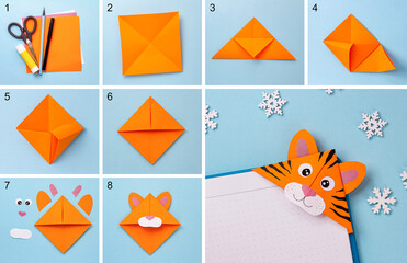 Step-by-step photo instruction on how to make a bookmark in the form of an orange tiger out of...