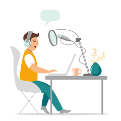 A young man sitting at home in an armchair is recording a podcast on a computer. Vector image in cartoon style on a white background