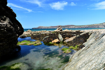 Naklejka na ściany i meble Wesh beach and coastline with rockpool in the foreground