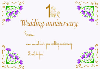 1 th Wedding Anniversary Invitation. Beautiful editable graphics illustration. Gold abstract decorative frame. Ornate patterns with flowers. Used for wedding invitations, postcard decoration, text
