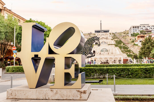 24 May 2021, Yerevan, Armenia: LOVE caption and famous tourist attration - Cascade staircase