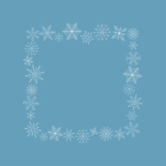 Square frame of white snowflakes on blue background. Line art. Ice crystal winter symbol. Template for winter design. 
