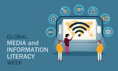 Tiny people share information obtained from smartphones with each other. Factual, timely, targeted, clear, accessible, multilingual, and science-based information dissemination concept. Media Literacy