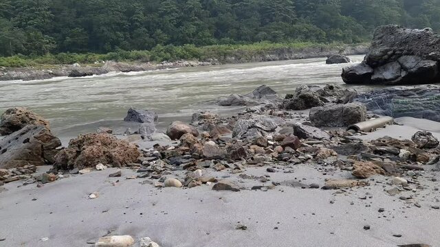 Morning view at GOA beach located in Rishikesh Uttarakhand near Laxman Jhula, Clean view of Ganga river at Rishikesh during early morning time, World famous GANGA river full view