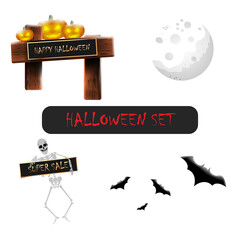 Halloween set, sinister pumpkins with a sign, the moon, bats and a skeleton with an inscription in his hand, isolated vector illustration