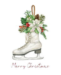 Vintage Christmas white ice skates,watercolor floral sketes,winter Holiday essentials,rustic ice skates decor ,traditional xmas,winter bouquet,red berries, holly leaves,tag lable