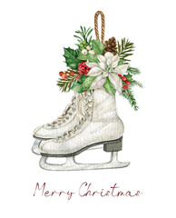 Vintage Christmas white ice skates,watercolor floral sketes,winter Holiday essentials,rustic ice skates decor ,traditional xmas,winter bouquet,red berries, holly leaves,tag lable